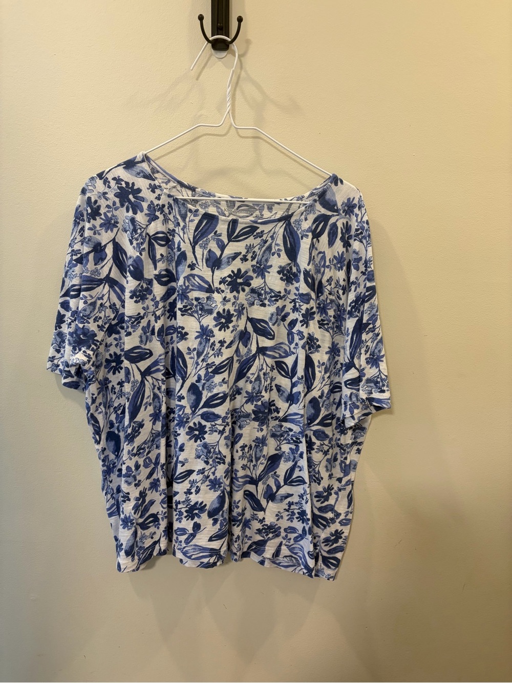 Kim Rogers White Short Sleeve Top with Blue Floral Print